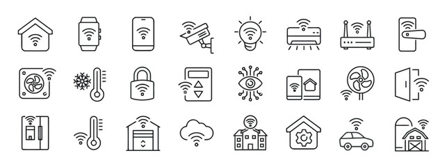 Set of Smart Home Line Icons such as Automation Security Temperature Control Device Technology Garage Cloud Computing Car Barn Fridge Thermostat
