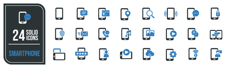 Set of smartphone solid icons vector stock mobile phone cell application multimedia service and mobile device concept symbols on white background for infographics and web design