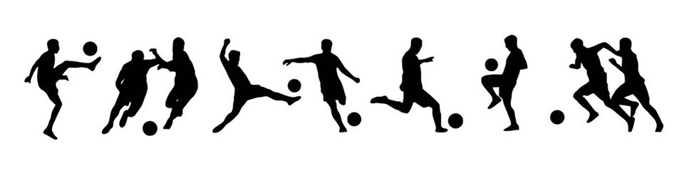 Set of soccer player silhouettes in action poses on white background