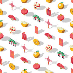 Seamless pattern of colored isometric Lunar new year icons on transparent background