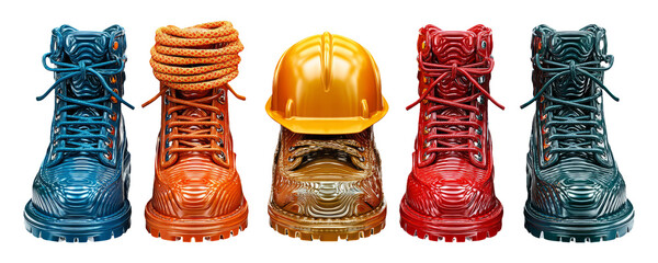 Vibrant Safety Gear Collection with Boots, Helmet, and Rope for Construction Action