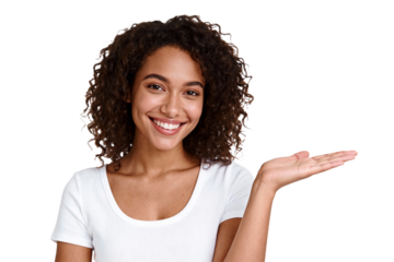 Smiling woman with curly hair presenting with open palm