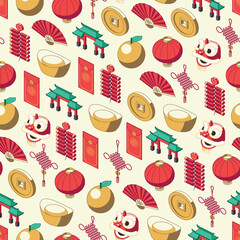 Colored Chinese lunar new year themed isometric seamless pattern