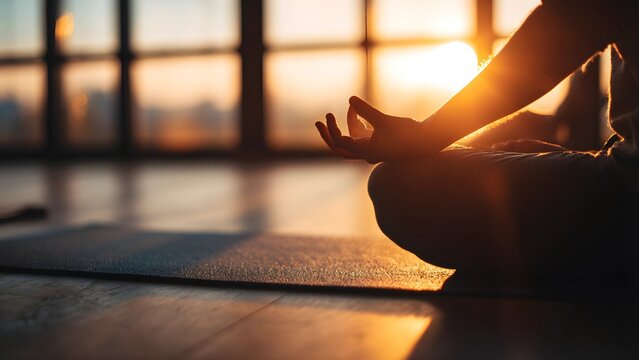Yoga meditation indoor golden hour pose silhouette background.  Person meditating in a yoga relaxation pose during sunset. 