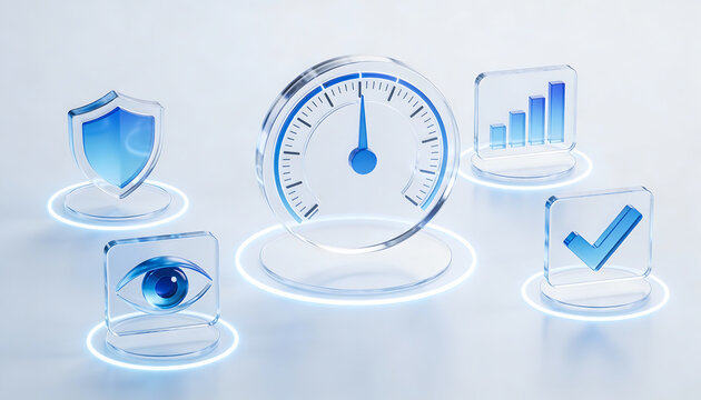 premium 3d digital illustration of a glowing blue glass speedometer gauge dashboard surrounded by floating icons for data vision security checkmark and business growth chart