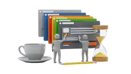 Teamwork on UI/UX design with hourglass and coffee