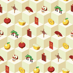 Seamless pattern of isometric Chinese lunar new year icons on yellow geometric background