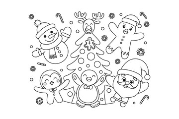A festive holiday coloring page featuring cartoon characters and a Christmas tree