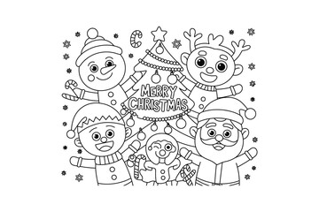A black and white illustration of cartoon characters celebrating Christmas