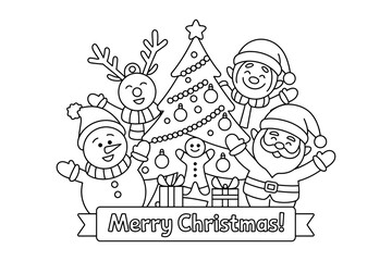 A festive Christmas illustration of cartoon characters and a tree