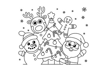 A festive holiday scene with cartoon characters and a Christmas tree
