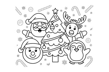 A festive Christmas illustration featuring cartoon characters and a tree