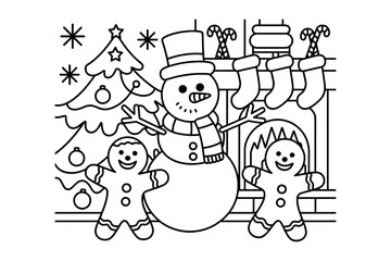 A festive holiday scene with a snowman and gingerbread men