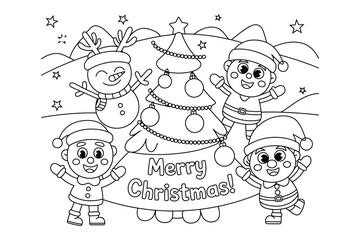 A black and white illustration of children celebrating Christmas with a snowman and tree