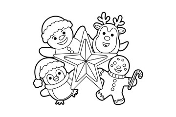 A festive illustration of cartoon characters holding a star for Christmas