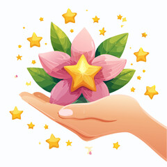 Hand holding pink flower with golden star nyepi day.