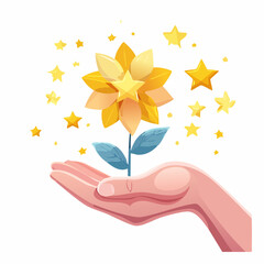 Hand holding golden flower with stars nyepi day.