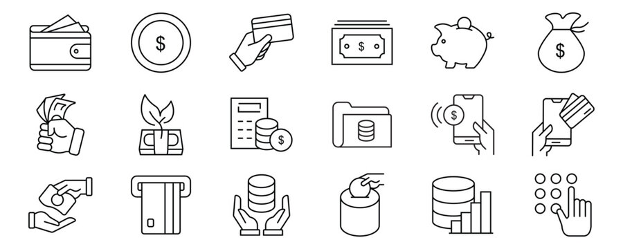 Business and finance line icon set. Money, banking, investment, and payment symbols. Vector icons for web, infographic. Dollar, chart, bank, transfer, mobile payment.