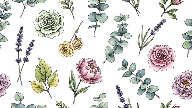 Vintage pink rose floral seamless pattern vector illustration featuring a nature blossom design with spring leaf elements and retro sketch ornaments for wallpaper decoration