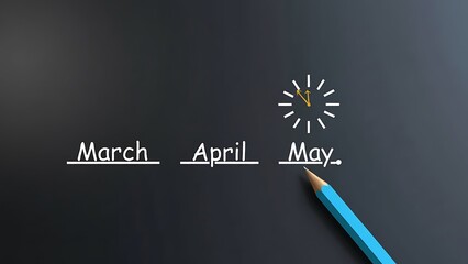 March april may months written on a chalkboard with a pencil and clock
