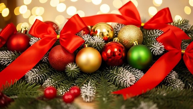 Merry Christmas and Happy New Year card featuring festive red and gold ball ornaments on a fir tree branch with green pine needles and winter snow decor over a red holiday celebration background