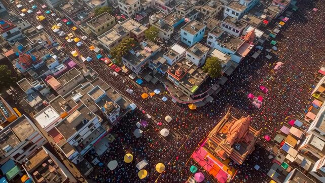Aerial View of Maha Shivaratri Festival Celebrations with Crowds, Decorations, and Traditional Decor in a City Square