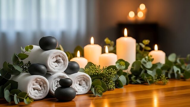 A serene spa arrangement featuring natural aromatic candles and fresh flowers creates a zen atmosphere for wellness, beauty, and relaxation therapy