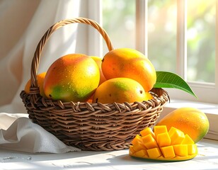 Basket Of Fresh Mangoes With Slices

