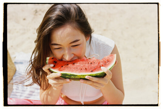 Enjoying fresh watermelon on a sunny day