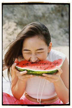 Enjoying fresh watermelon on a sunny day