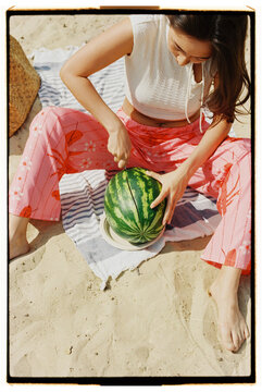 Enjoying fresh watermelon on a sunny day
