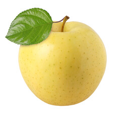 yellow apple with leaves isolated, transparent PNG, PNG format, cut out