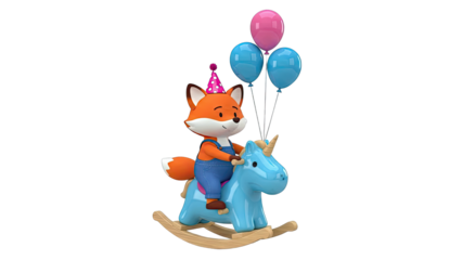 Cute cartoon fox on a rocking unicorn with balloons