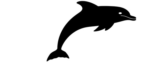 Black silhouette of a curved dolphin in motion, isolated on white background. Minimal marine animal illustration symbolizing freedom, ocean life, movement, and nature.