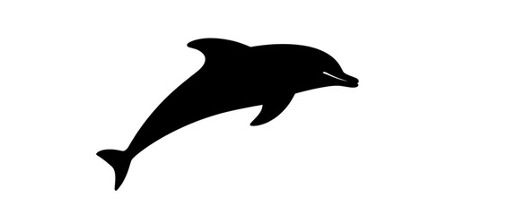 Black dolphin silhouette jumping, isolated on white background. Minimal marine animal illustration symbolizing freedom, ocean life, intelligence, and nature.