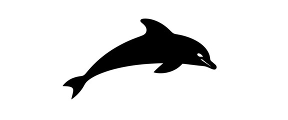 Black silhouette of a jumping dolphin, isolated on white background. Minimal marine animal illustration representing freedom, ocean life, agility, and nature concepts.
