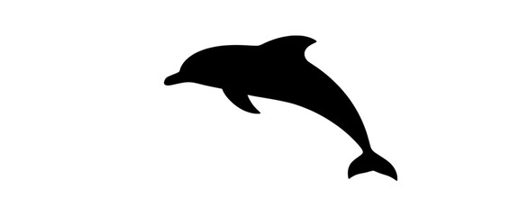 Black silhouette of a swimming dolphin, isolated on white background. Minimal marine animal illustration representing ocean life, freedom, nature, and aquatic movement.