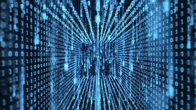 Binary code tunnel with blue numbers and light effect in dark space