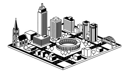 A black and white isometric illustration of a modern cityscape with skyscrapers and buildings