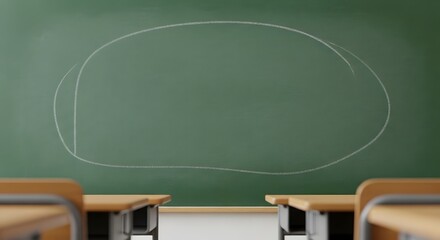 A green chalkboard with a blank oval drawn on it in a classroom