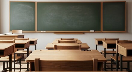 An empty classroom with wooden desks and blackboards on the wall