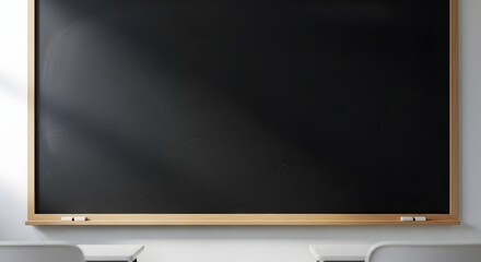 A large empty blackboard in a classroom with white chairs