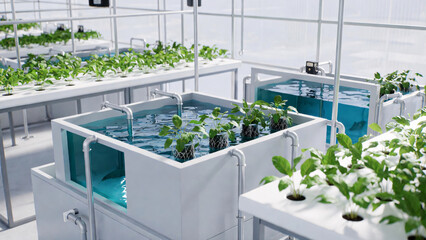 Indoor closed-loop farming system integrating fish tanks and vegetable grow beds. Sustainable agriculture, farming, modern food eco technology aquaponic system.