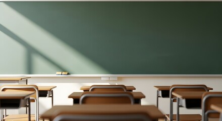 An empty classroom with desks and a green chalkboard on the wall