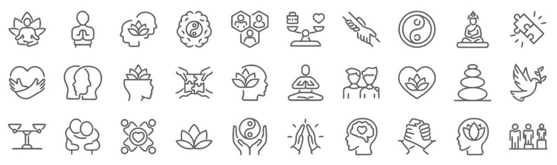 Set of Spiritual Harmony and Balance Icons in Line Style Yoga Meditation Mindfulness Peace and Wellbeing Vector Illustration