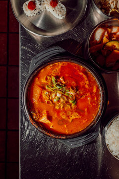 Traditional Kimchi Korean Soup Served with Barbecue