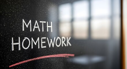 A chalkboard with math homework written in white chalk