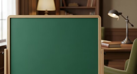 A green chalkboard in a classroom with a desk and chair