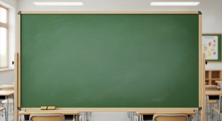 A large green chalkboard in a classroom with desks and chairs