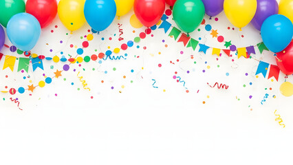 A vibrant and festive collection of colorful balloons and party decorations set against a bright white background ready for celebration